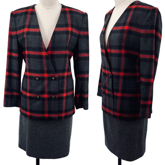 Vintage 80s 90s Wool Plaid Skirt Suit Collarless Blazer Pencil Skirt Gray Red XS - Picture 1 of 10